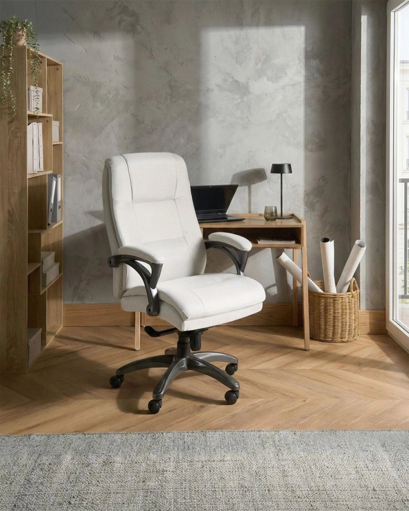 Sedia direzionale da ufficio Imbottitura spessa Lino beige chiaro Regolazione dell'altezza del sedile Imbottitura girevole