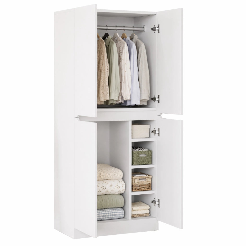 Armadio a doppia anta 70 x 40 x 170 cm con vano inferiore e ripiani; bianco in legno