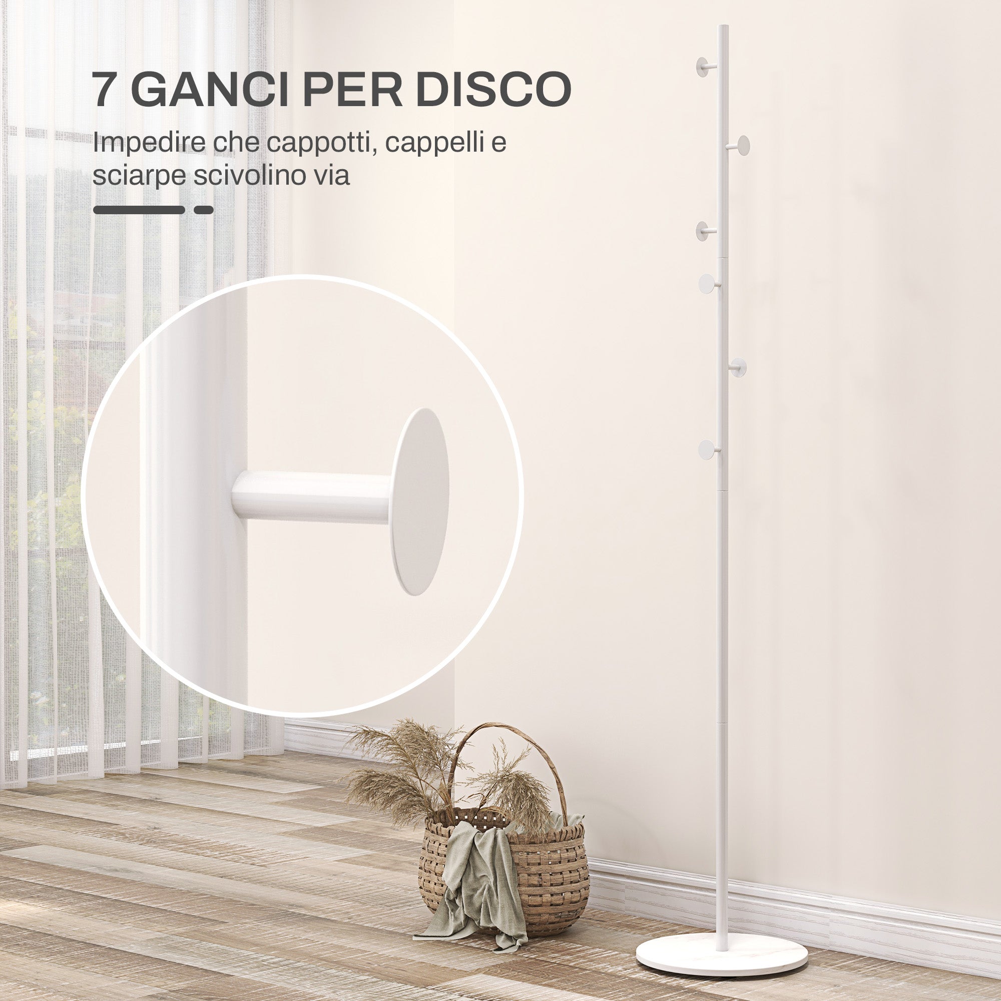 Appendiabiti da Terra 6 Ganci 32x171 cm Disco in Acciaio e Base in Ardesia Bianco