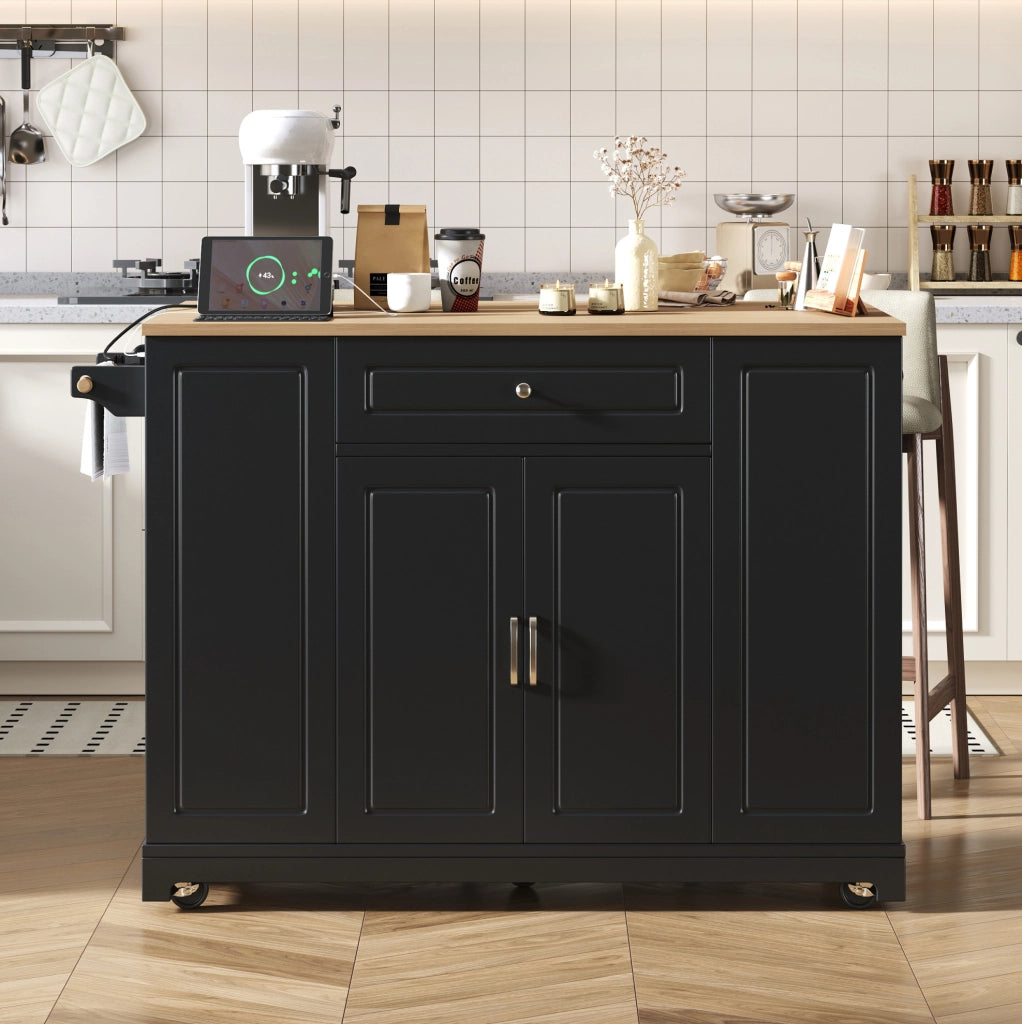 Isola da cucina mobile con piano ribaltabile; prese AC USB e USB-C; MDF; nero naturale