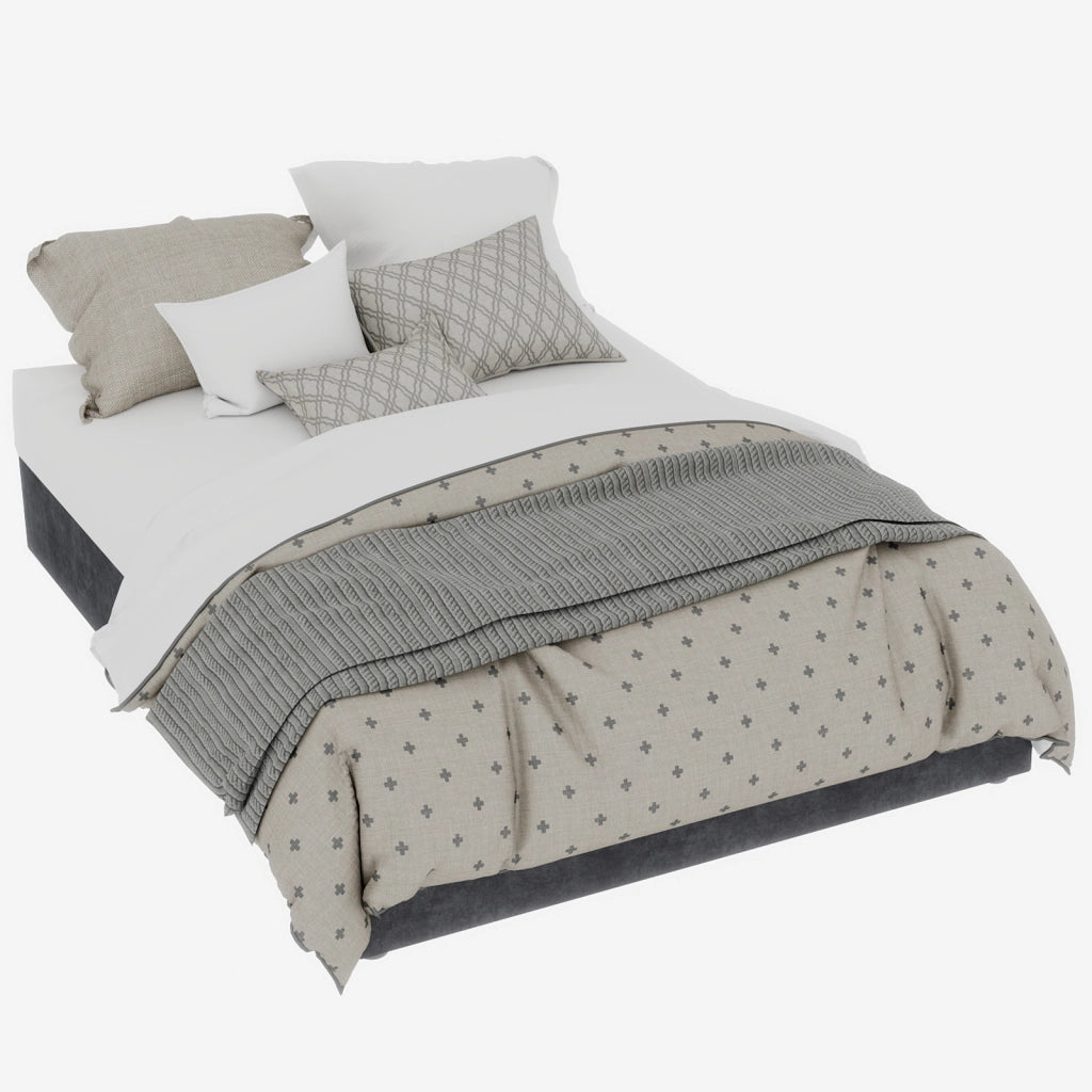 Letto Matrimoniale 140x200 cm; con Testiera Geometrica in Tessuto e Metallo Grigio