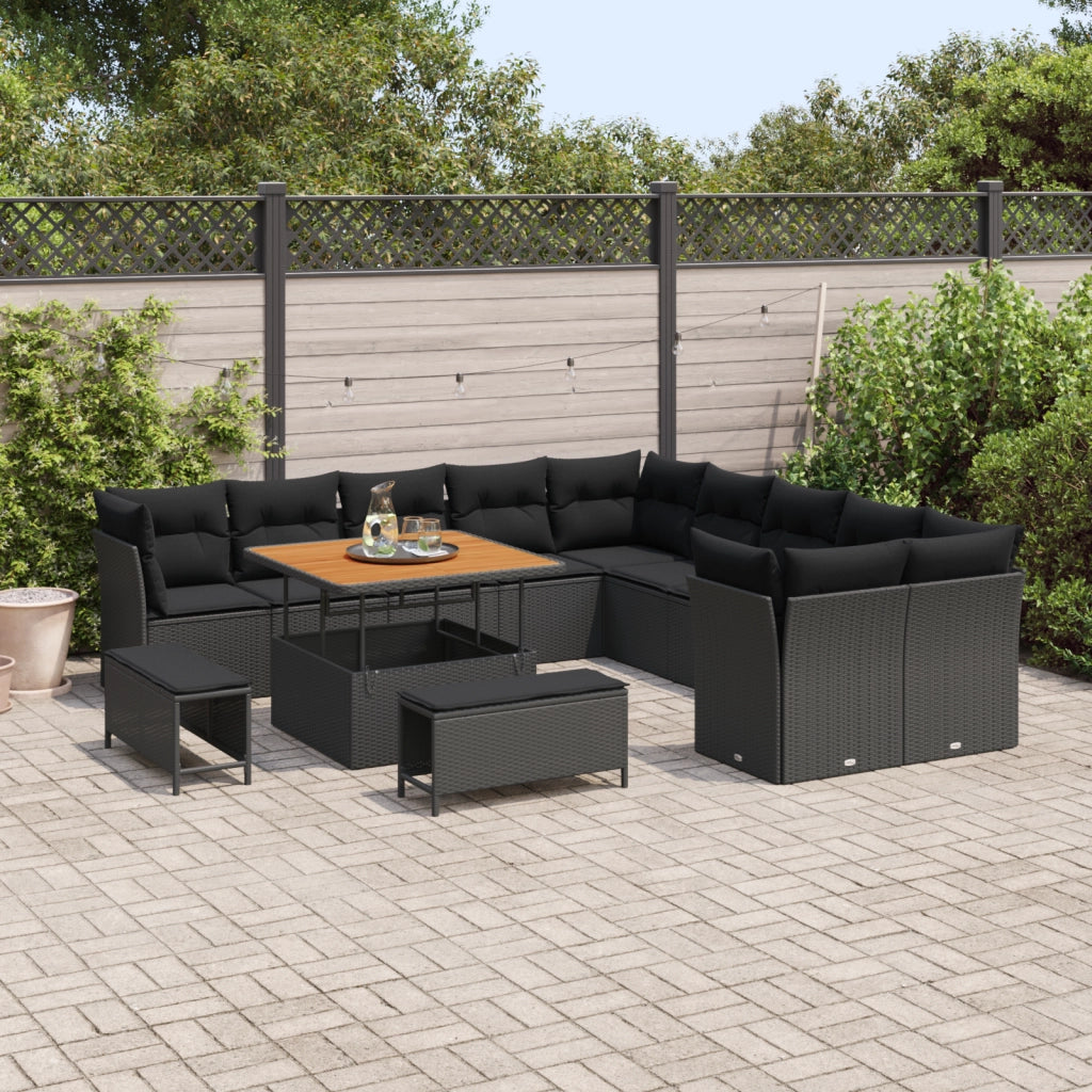 Set Divano da Giardino 13 Pezzi con Cuscini Rattan Nero Acacia