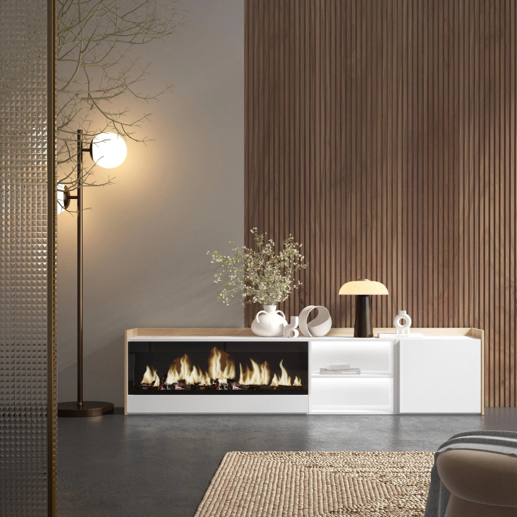 Mobile TV Soggiorno, 212x50x35 cm, Per TV fino a 80", Camino elettrico XXL, LED, Bianco e Rovere soft