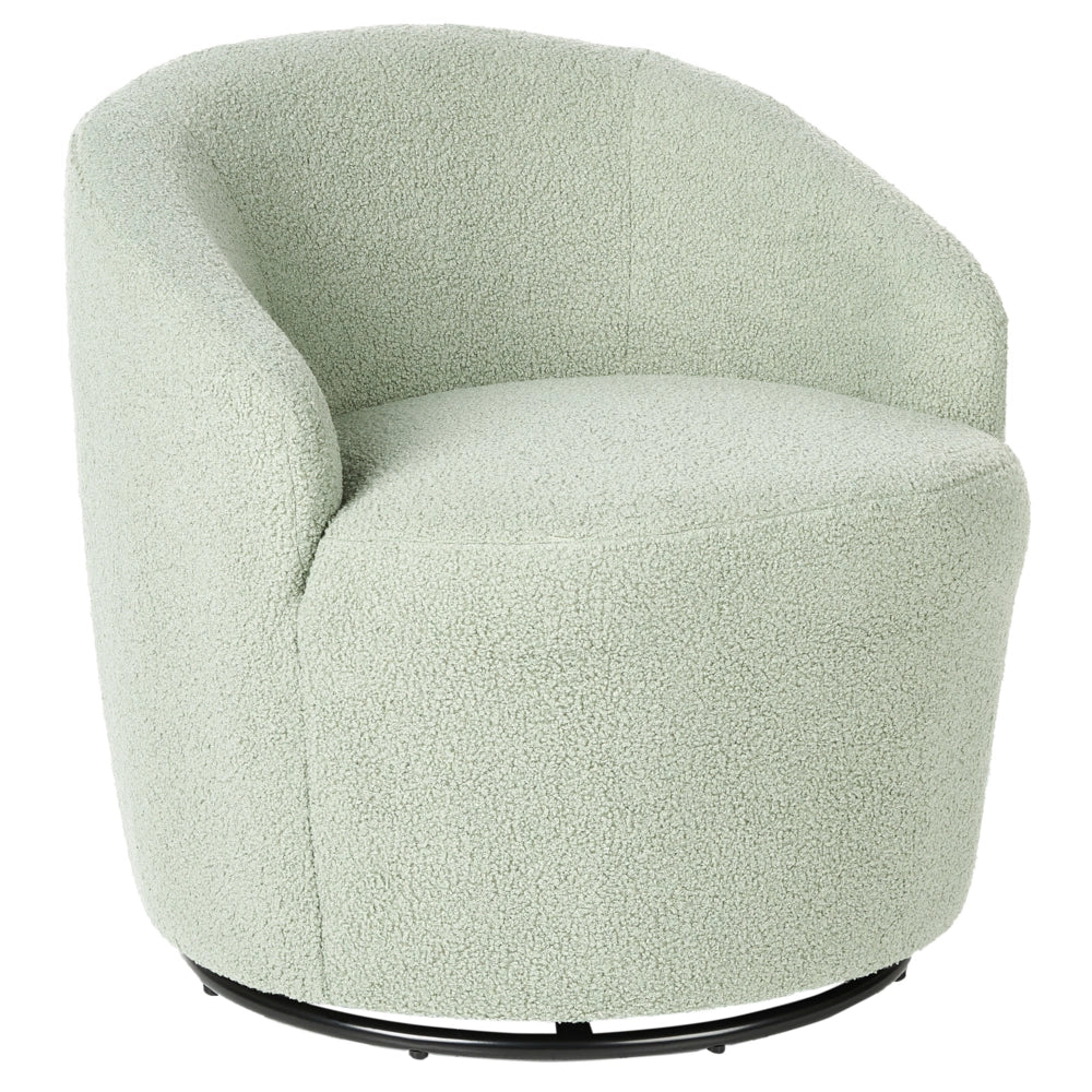 Poltrona con schienale curvo in tessuto bouclé verde chiaro base girevole 360° Art Deco dorato