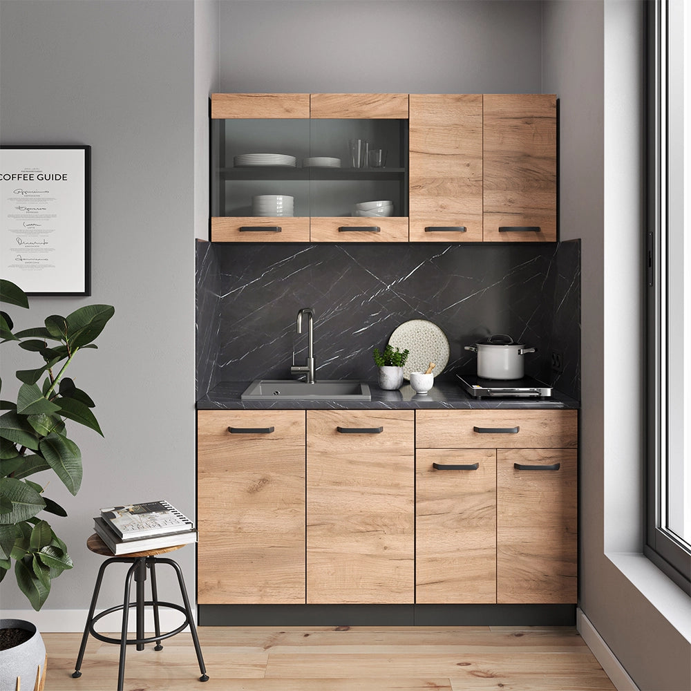 Mobile cucina sottotetto R-Line Rovere dorato/Antracite 140 cm Set di 2 Vicco