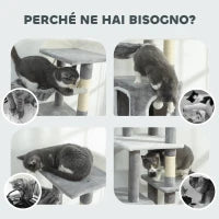 Albero Tiragraffi per Gatti con 2 Casette, Rampa, Trespoli e 4 Palline, 48x40x165 cm, Grigio e Bianco