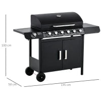 Barbecue a Gas con Coperchio, 7 Bruciatori da 20kW, Fornello Laterale e 2 Ruote, 135x50x100cm Nero