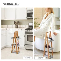 Scaffale Salvaspazio da Bagno in MDF e Bambù, Forma a Piramide con 3 Mensole, Color Legno e Grigio, 30x18x81cm