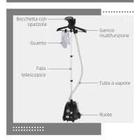 Stiratrice Verticale a Vapore da 1.4L con Asta Estendibile e 2 Rotelle, in ABS e PP, 26x21.5x29 cm, Nero