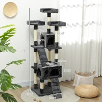 Albero Tiragraffi per Gatti con 3 Posatoi, 2 Casette e Giochi Appesi, in Legno e Peluche, 49x49x173 cm, Grigio