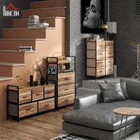 Cassettiera con 3 Cassetti in Tessuto Rimovibili e 2 Ripiani, 60 x 29 x 101cm, MDF e Metallo, Naturale e Nero