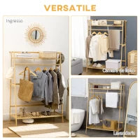 Appendiabiti in Bambù, Design Rialzato a 2 Livelli con Barra e 2 Ganci, 114x40x139 cm