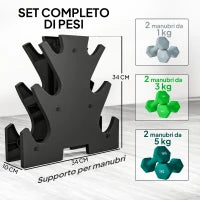 Kit Pesi Esagonali da 18 kg Totali con Supporto Incluso, in Acciaio, Metallo e Plastica, Multicolore