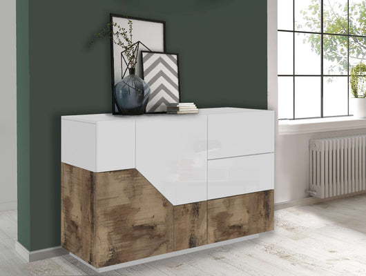 Credenza 140x43cm madia soggiorno cucina bianca 2 ante 3 cassetti Mira Wood