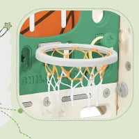 Scivolo combinato per bambini con scivolo lungo, scatola portaoggetti, tunnel, scala a pioli e canestro da basket, facile da montare e comodo da riporre, 152×186×110 cm,Verde Antico