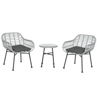 Set Mobili da Giardino in Rattan PE con 2 Sedie e Tavolino con Ripiano in Vetro, Grigio
