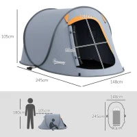 Tenda da Campeggio Pop Up Impermeabile con Accessori e Borsa di Trasporto, 245x148x105 cm, Grigio