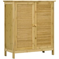 Credenza Stile Boho in Rattan e Bambù con 2 Ante e Mensola Interna, 60x27x67.5cm, Colore Legno