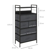 Cassettiera 5 Cassetti Moderna in Tessuto non Tessuto, Acciaio e MDF, 58x30x120 cm, Nera