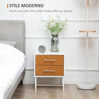 Comodino Moderno a 2 Cassetti in Metallo e Legno 40x39x48cm Marrone e Bianco