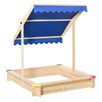 Sabbiera per Bambini in Legno con Panca e Tettuccio Parasole Regolabile, 120x120x120cm, Colore Legno e Blu