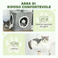 Albero Tiragraffi per Gatti con Casetta, Lettino e 2 Palline, in Legno e Peluche, 55x40x107 cm, Grigio e Bianco