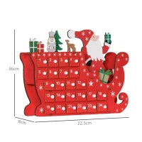 Calendario dell'Avvento da riempire in legno, con 24 cassetti, Babbo Natale e slitta, 22,5x8x36cm, Rosso