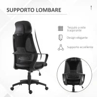 Sedia da Ufficio Reclinabile con Poggiatesta e Supporto Lombare, in Poliestere, 64x55x116-126 cm, Nero