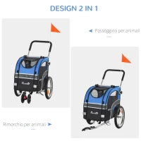 Carrello 2 in 1 Passeggino per Cani e Rimorchio Bici, Ruota Girevole Catarifrangenti e Bandierina 130x58x94cm Blu