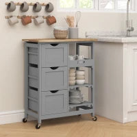 Carrello da cucina su ruote con piano in legno, 3 cassetti e piano rimovibile, 67x37x85,5 cm, Grigio