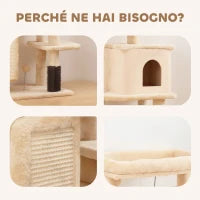 Albero per Gatti Multilivello Alto 132 cm con Casetta, Lettino, Pali Tiragraffi, Spazzola e Pallina, Beige