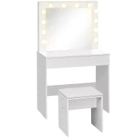 Set Tavolo da Trucco Toeletta con Specchio, 12 Luci LED, Sgabello Imbottito e Ampio Cassetto in Legno, 80x40x140 cm, Bianco