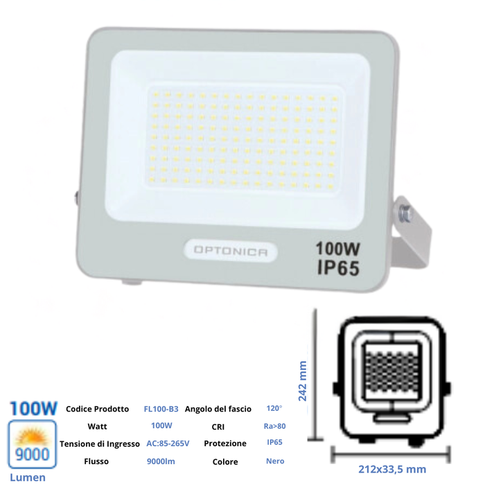 Optonica proiettore led smd corpo bianca luce naturale 100 watt 9000 lumen