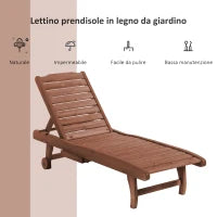 Lettino Prendisole in Legno, Lettino Sdraio da Giardino con Ruote e Vassoio Estraibile 182x60x35cm