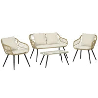 Set da Giardino 4 Pezzi con 2 Sedie da Giardino, Divanetto 2 Posti e Tavolino Basso, Naturale e Crema