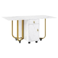 Tavolo da cucina versatile e pieghevole con ruote, con credenza e 2 cassetti, 150x80x76 cm, Bianco e Oro