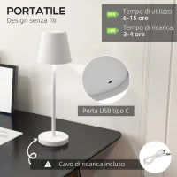 Lampada da Tavolo Portatile in Acrilico e Metallo da 3600mAh con Cavo di Ricarica, Ø11.2x36.5 cm, Bianco