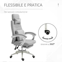 Sedia da Ufficio Ergonomica, Sedia da Scrivania con Rotelle, Cuscino Lombare, Poggiatesta e Poggiapiedi Estraibile, Grigia 62x68x117-127cm