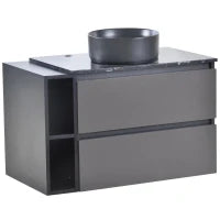 Mobile sospeso per lavabo 80 cm di larghezza, con lavabo in ceramica e cassetti, design moderno, MDF, 80×44×60,5 cm, Nero + Grigio