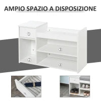 Panca Scarpiera con Cuscino, Cassetto e 3 Vani Aperti in Legno, 81x31.5x49cm, Bianco