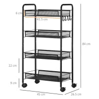 Carrello da Cucina a 4 Ripiani Rimovibili con 4 Ganci e Ruote, in Acciaio e Plastica PP, 45x26.5x84 cm, Nero