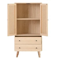 Credenza legno multifunzione con 2Ante in Rattan e 2Cassetti, impermeabili e gambe in legno di pino massiccio, Quercia