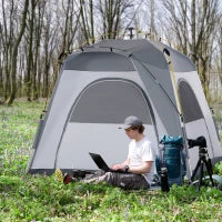 Tenda da Campeggio Familiare 4 Persone, Tenda Tonda Impermeabile Leggera, Ventilata Facile da Montare Pop-Up, 4 Finestre, Parasole, 2,4L x 2,4l x 1,99H m, Bianco e Grigio