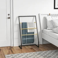 Portasciugamani a 4 Sbarre in Acciaio e Bambù, 60x35x102 cm, Nero e color Legno