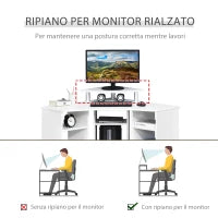 Scrivania Angolare con 3 Sezioni, Scrivania per Camera o Ufficio, Scrivania PC in Legno con Ripiano Monitor, Bianco