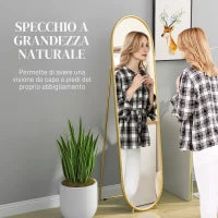 Specchio Verticale Ovale da Terra con Supporto, in Vetro e Metallo, 40x41x159 cm, Tonalità Oro