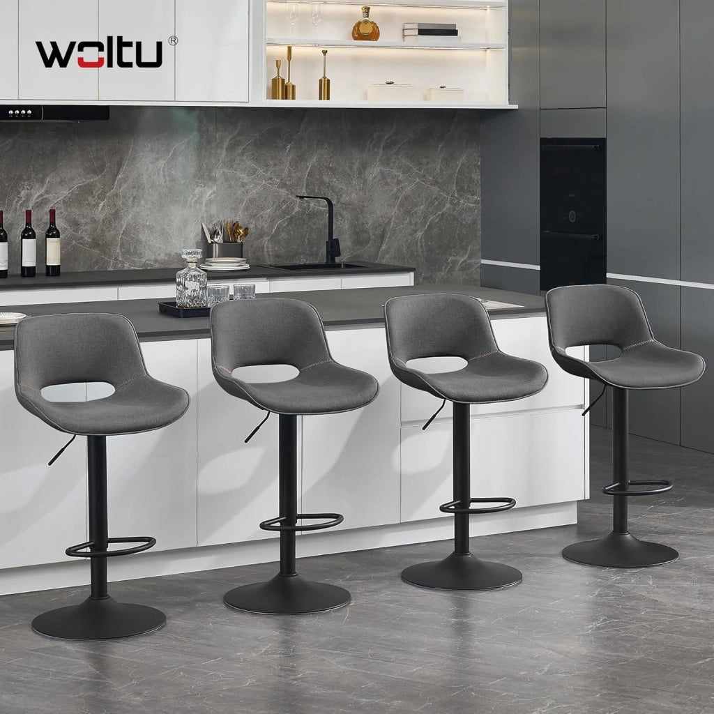 Sgabello da Cucina, Sedia da Bar in Lino, Sgabello Regolabile in Altezza, con Schienale, Seduta Imbottita Girevole a 360°, per Bistrot, Cucina, Pub, Base in Metallo, Grigio, BH438gr-1