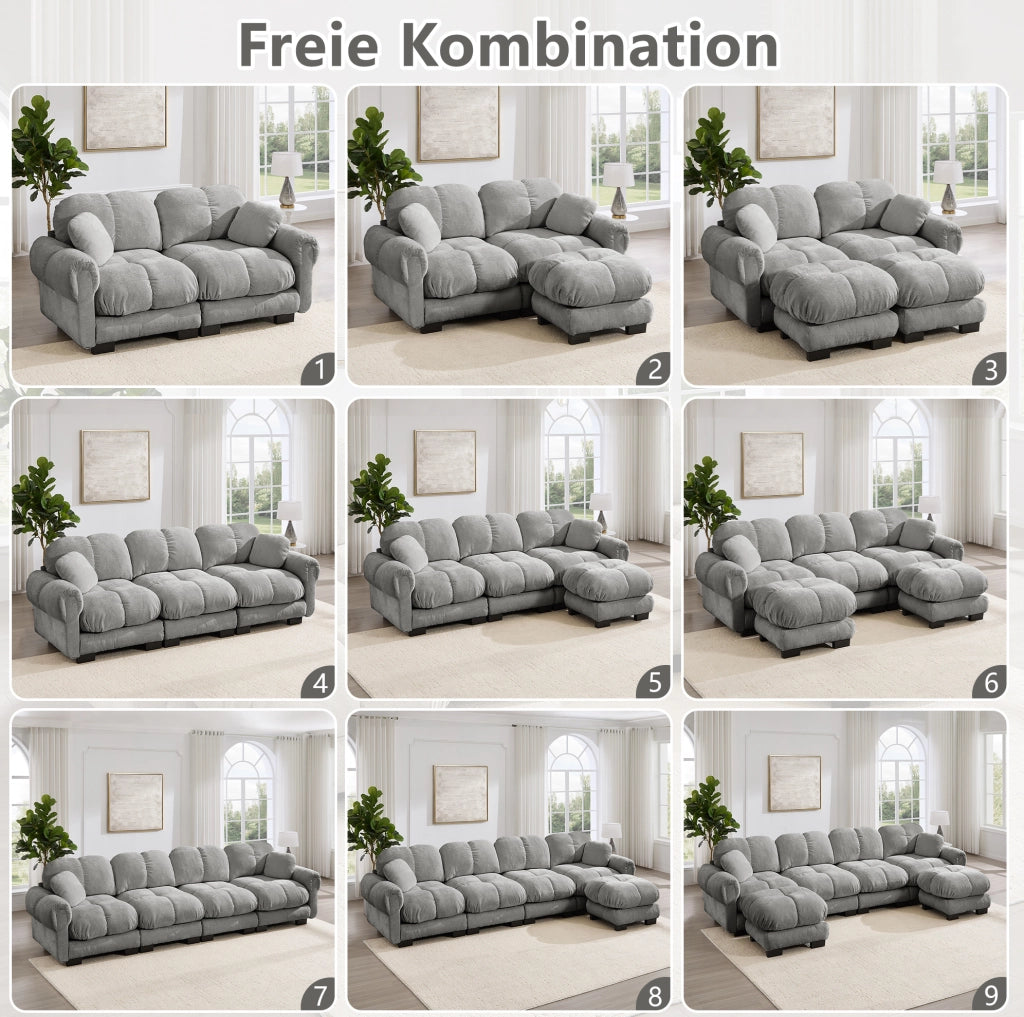 Divano angolare modulare 4 posti in ciniglia; con pouf mobile; grigio chiaro