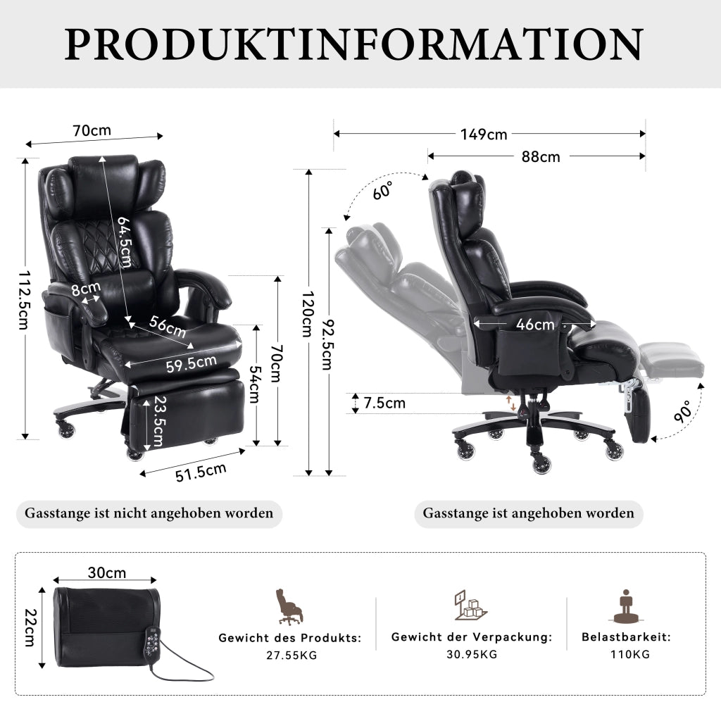 Sedia da ufficio ergonomica XXL - Zephmum- Massaggio, riscaldamento, poggiapiedi, regolabile