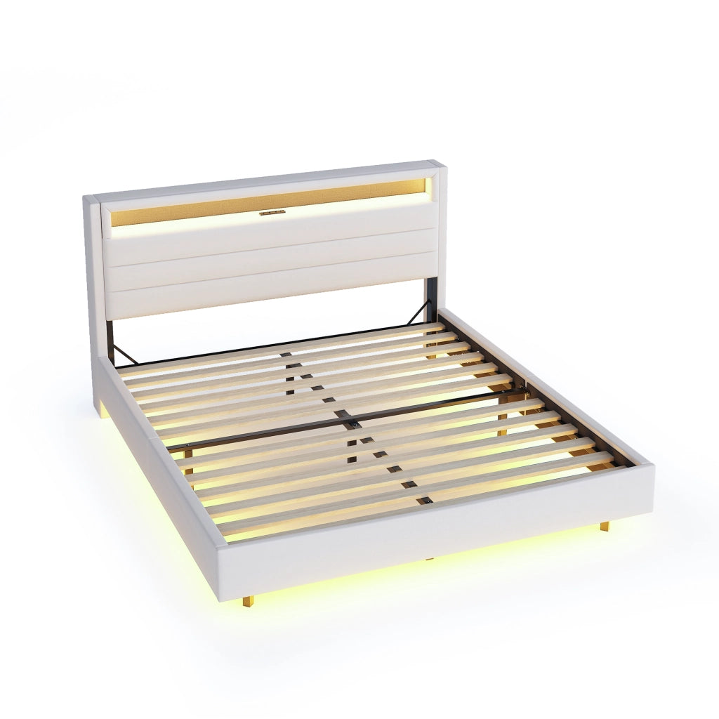 Letto matrimoniale – 160x200 cm – USB LED testiera reversibile – lino beige